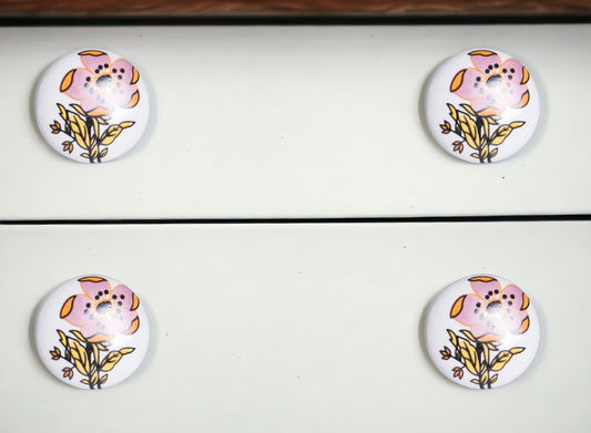 Set of Eight Yellow And White Ceramic And Metal Drawer Pull Knobs