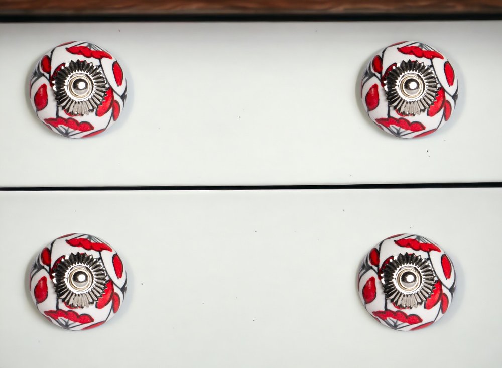 Set of Eight White And Red Ceramic And Metal Drawer Pull Knobs