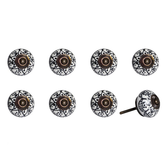 Set of Eight Black And White Ceramic And Metal Drawer Pull Knobs