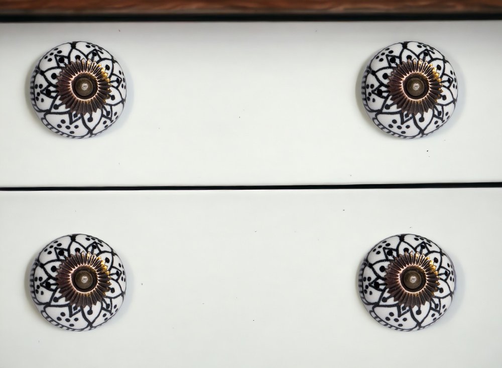 Set of Eight Black And White Ceramic And Metal Drawer Pull Knobs