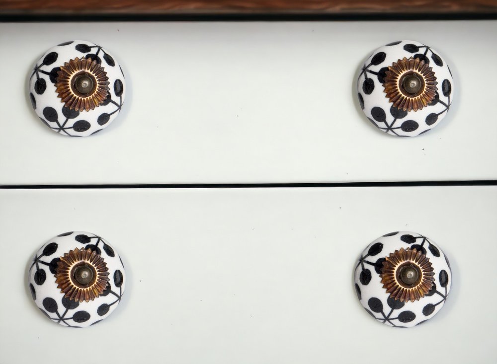 Set of Eight Black And White Ceramic And Metal Drawer Pull Knobs