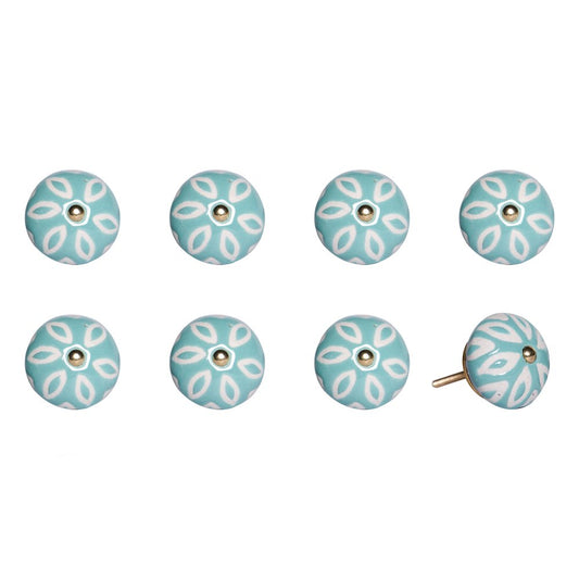 Set of Eight Turquoise And White Ceramic And Metal Drawer Pull Knobs
