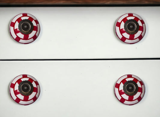Set of Eight White And Red Ceramic And Metal Drawer Pull Knobs