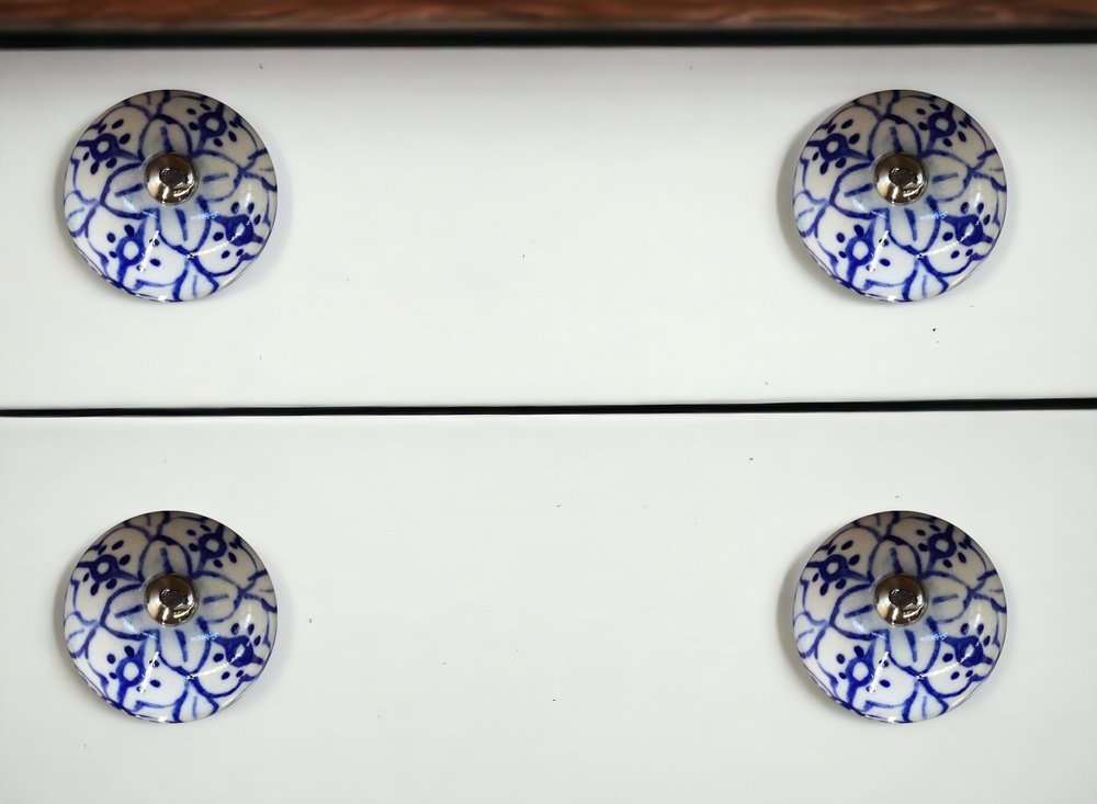 Set of Eight Blue And White Ceramic And Metal Drawer Pull Knobs
