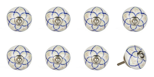 Set of Eight Blue And Cream Ceramic And Metal Drawer Pull Knobs
