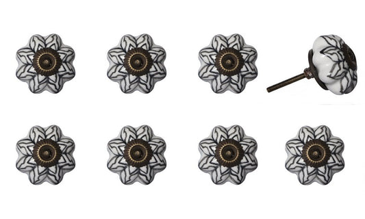 Set of Eight Black And White Ceramic And Metal Drawer Pull Knobs