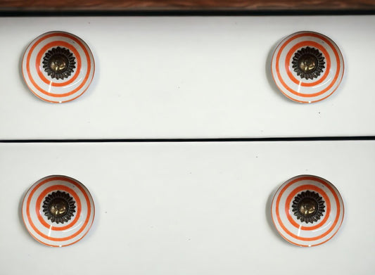 Set of Eight Orange And White Ceramic And Metal Drawer Pull Knobs