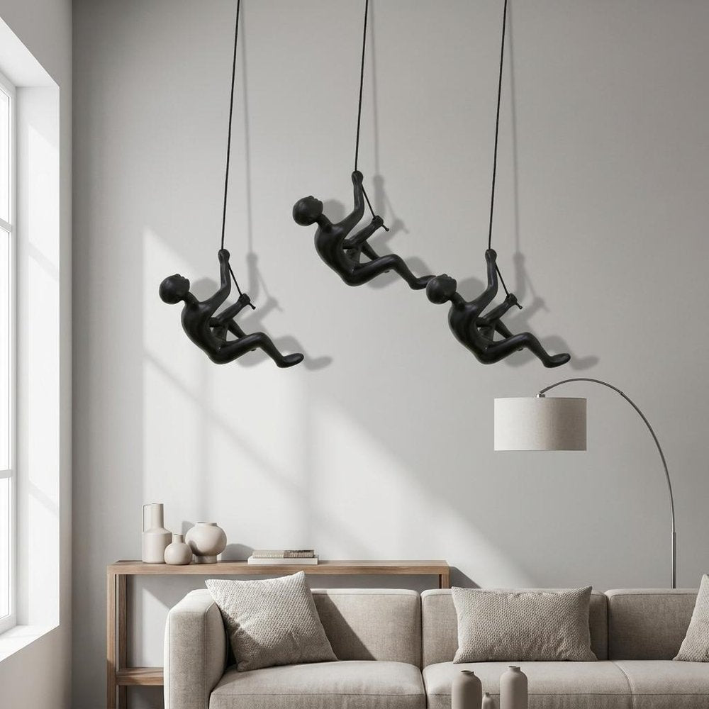 Set of Two Silver Resin Climbing Man Hanging Dimensional Sculpture