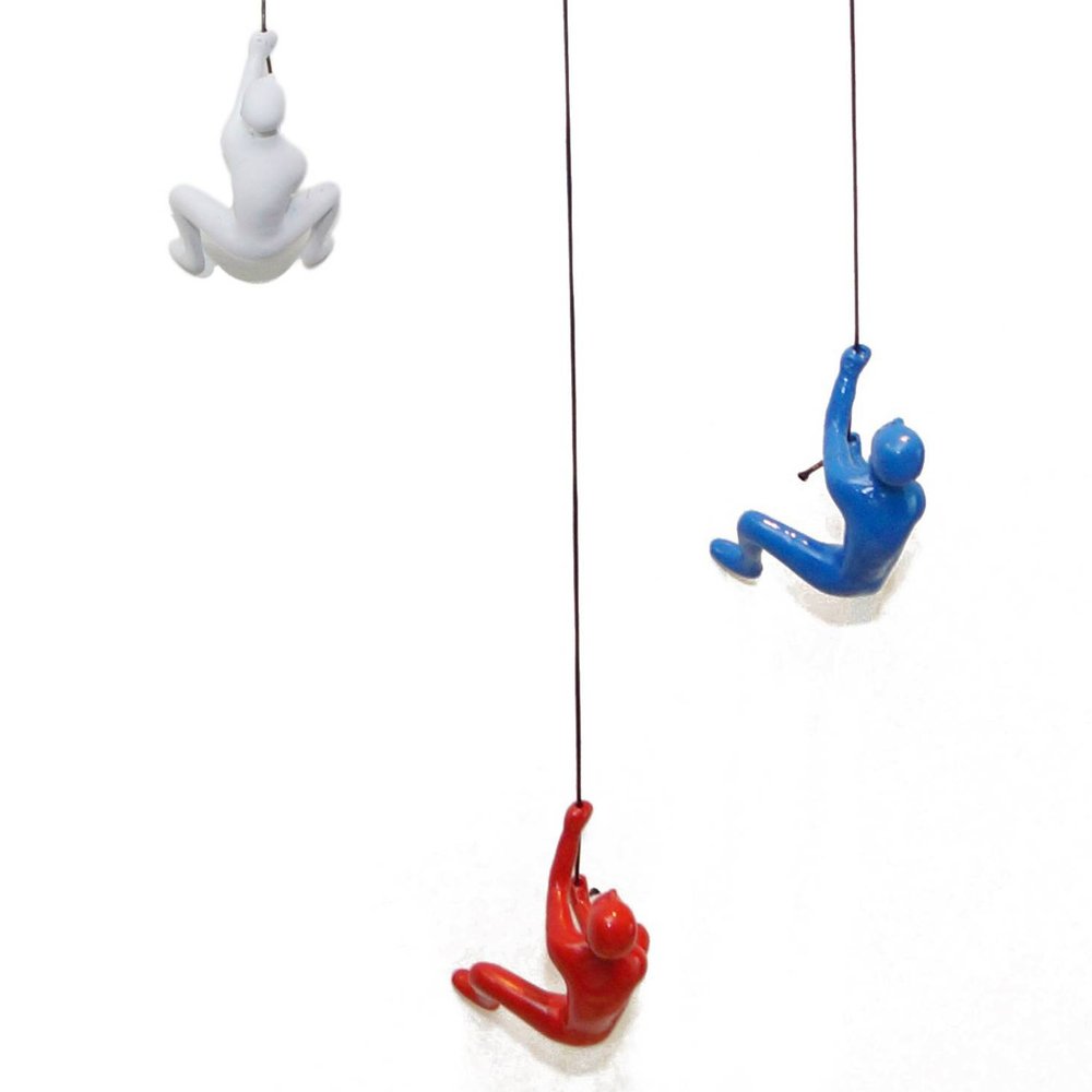 Set of Three Blue Red And White Resin Climbing Man Hanging Dimensional Sculpture