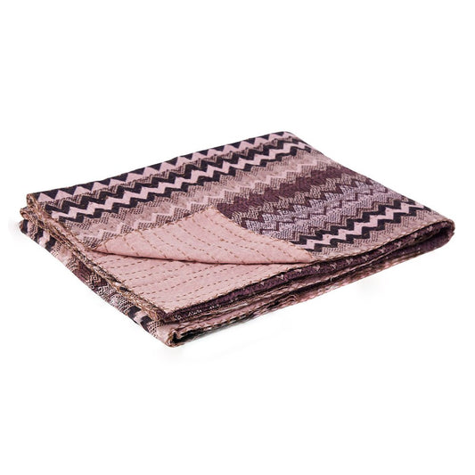 50" X 70" Black And Pink Cotton Kantha Chevron Throw Blanket