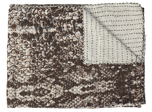 50" X 70" Brown And Ivory Cotton Quilted Kantha Throw Blanket With Embroidery