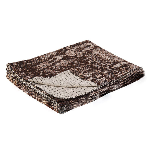 50" X 70" Brown And Ivory Cotton Quilted Kantha Throw Blanket With Embroidery