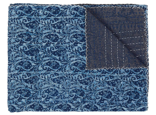 50" X 70" Blue Paisley Cotton Quilted Kantha Throw Blanket with Embroidery