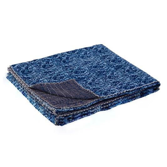 50" X 70" Blue Paisley Cotton Quilted Kantha Throw Blanket with Embroidery