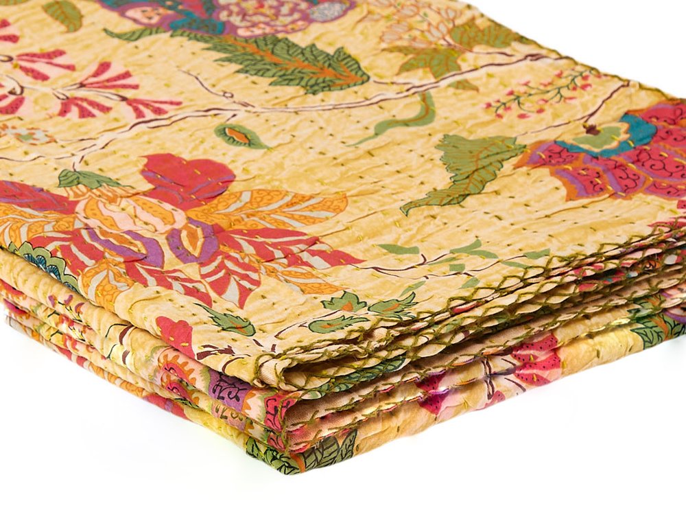 50" X 70" Red Floral Cotton Quilted Kantha Throw Blanket with Embroidery