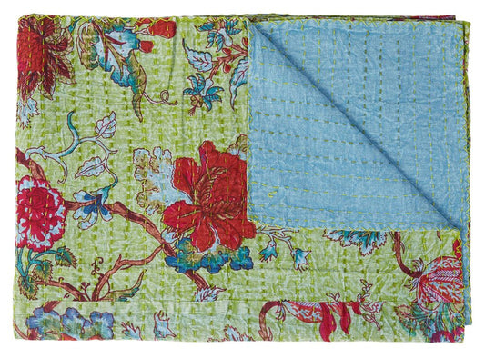 50" X 70" Green And Red Floral Cotton Quilted Kantha Throw Blanket with Embroidery