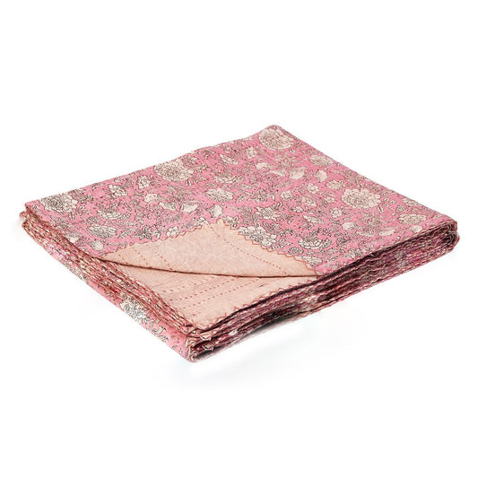 50" X 70" Pink And Blush Floral Cotton Quilted Kantha Throw Blanket with Embroidery