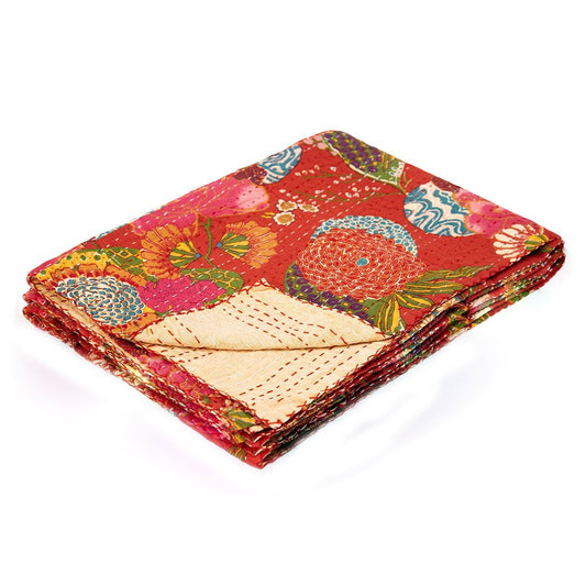 50" X 70" Blue Green And Red Floral Cotton Quilted Kantha Throw Blanket with Embroidery
