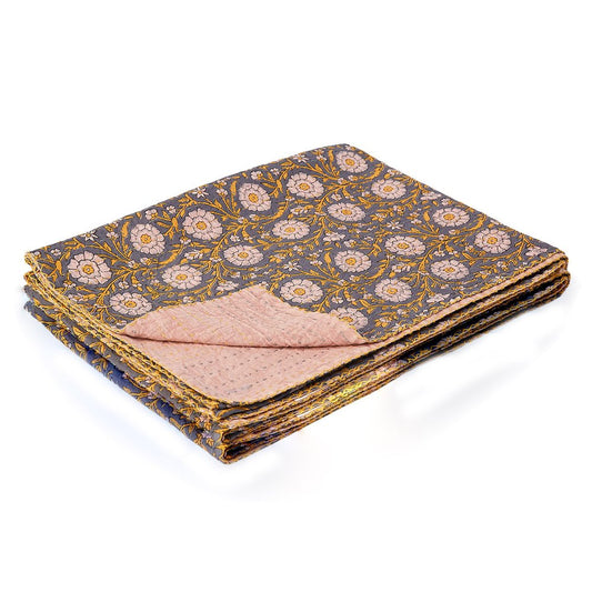 50" X 70" Gray And Yellow Floral Cotton Quilted Kantha Throw Blanket with Embroidery