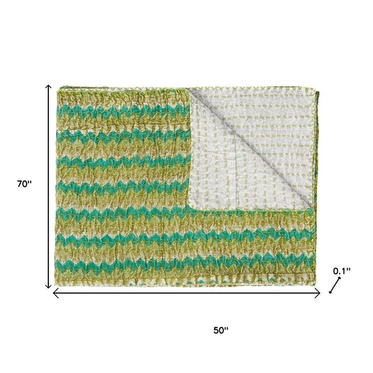 50" X 70" Gray And Yellow Floral Cotton Quilted Kantha Throw Blanket with Embroidery