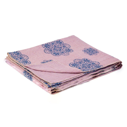 50" X 70" Blue And Pink Floral Cotton Quilted Kantha Throw Blanket with Embroidery