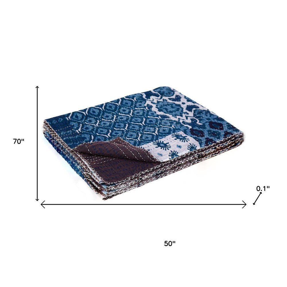 50" X 70" Blue And Pink Floral Cotton Quilted Kantha Throw Blanket with Embroidery