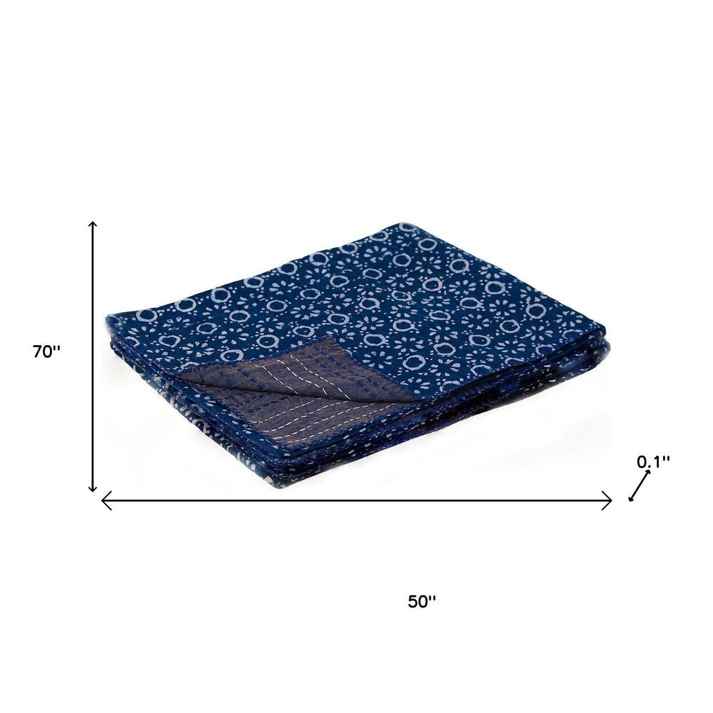 50" X 70" Blue And Off White Geometric Cotton Quilted Kantha Throw Blanket with Embroidery