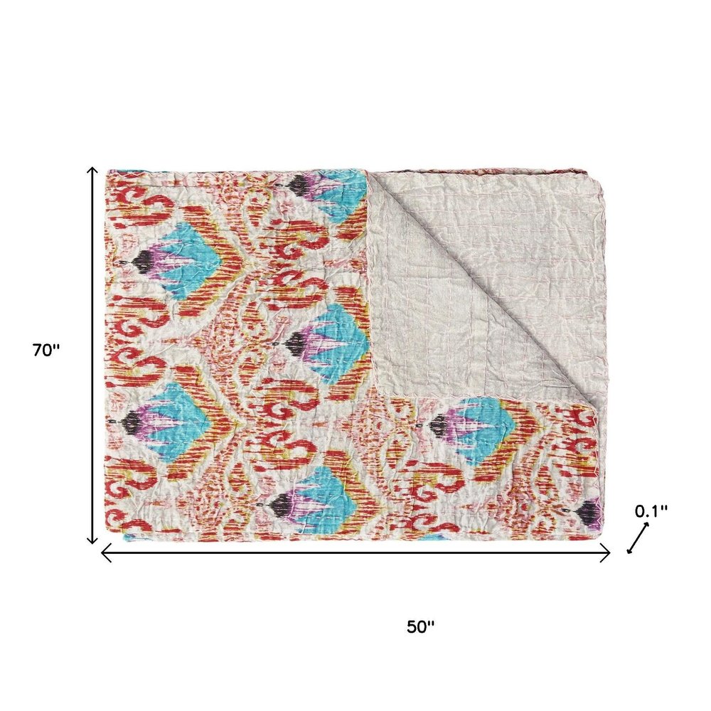 50" X 70" Brown And Pink Floral Cotton Quilted Kantha Throw Blanket with Embroidery