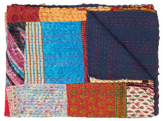 50" X 70" Blue Red And Yellow Patchwork Silk Quilted Kantha Throw Blanket with Embroidery