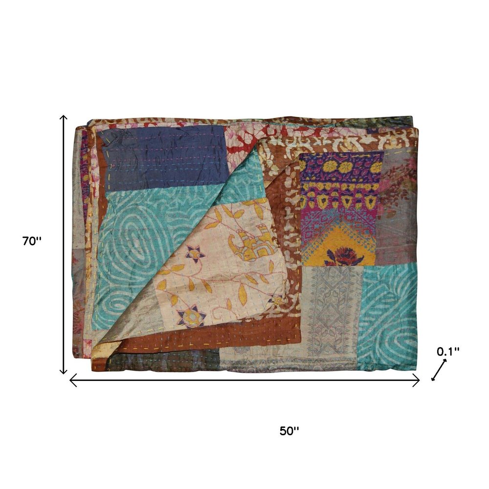 50" X 70" Tan And Beige Patchwork Silk Quilted Kantha Throw Blanket with Embroidery