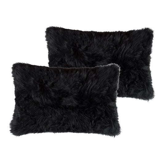 Set of Two 12" X 20" Black Sheepskin Lumbar Throw Pillows