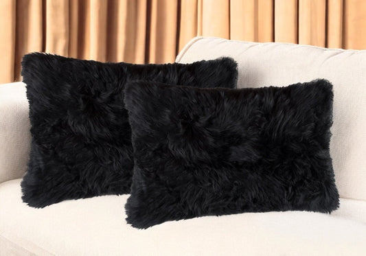 Set of Two 12" X 20" Black Sheepskin Lumbar Throw Pillows