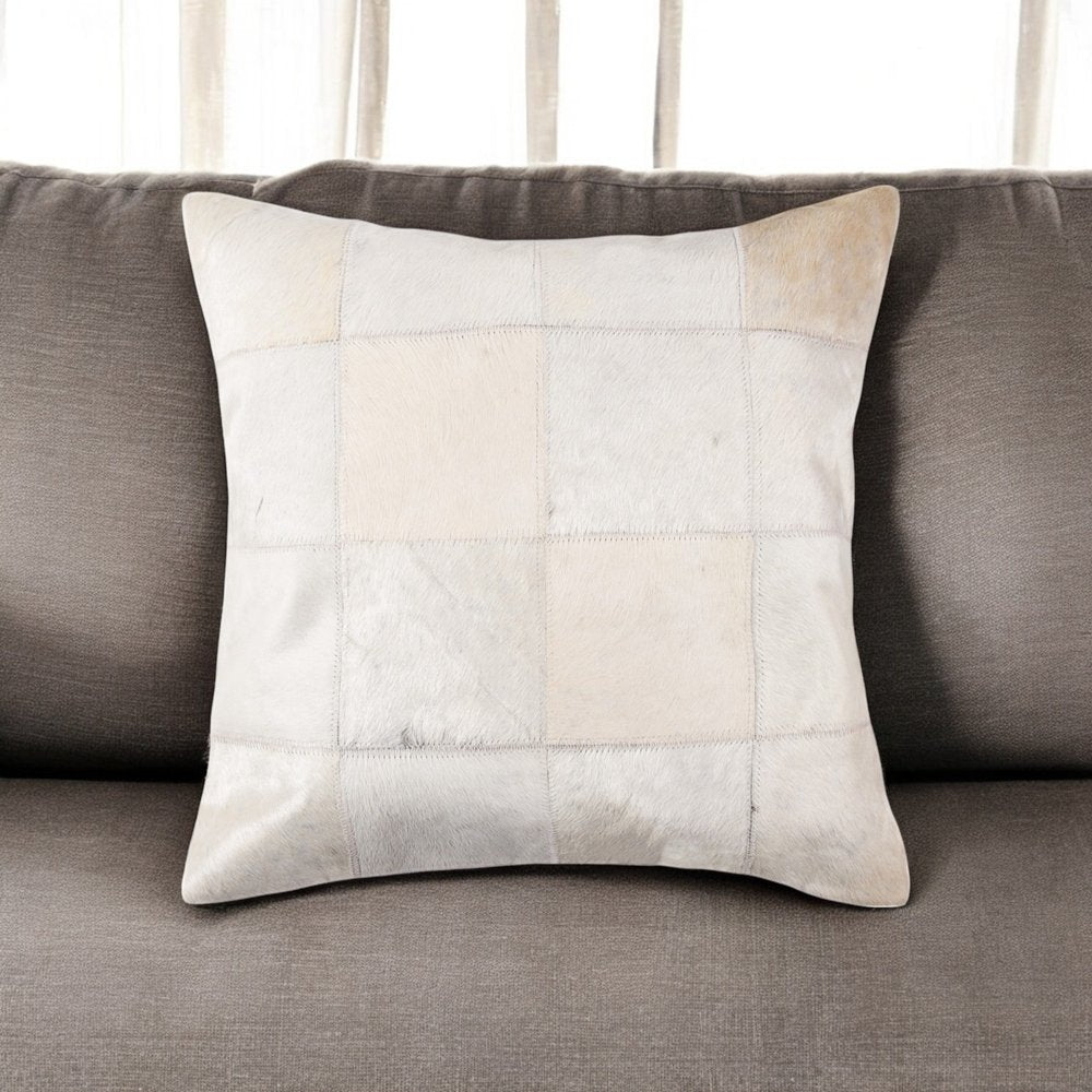 18" Off White Geometric Cowhide Throw Pillow