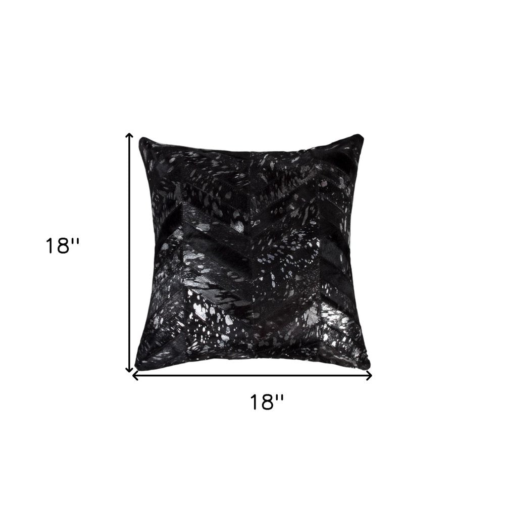 Set of Two 18" Black and Silver Chevron Cowhide Throw Pillows with Glitter