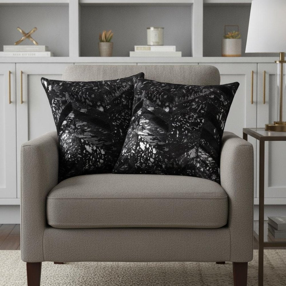 Set of Two 18" Black and Silver Chevron Cowhide Throw Pillows with Glitter