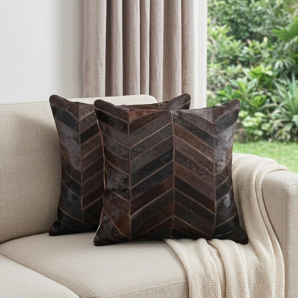 Set of Two 18" Chocolate Chevron Cowhide Throw Pillows