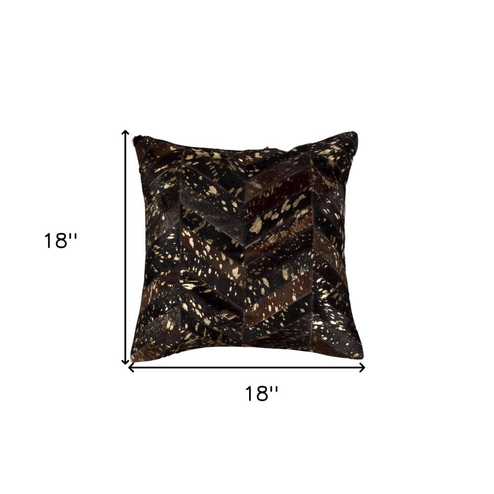Set of Two 18" Chocolate and Gold Chevron Cowhide Throw Pillows with Glitter