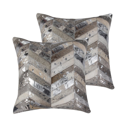 Set of Two 18" Gray Brown And Silver Chevron Cowhide Throw Pillows