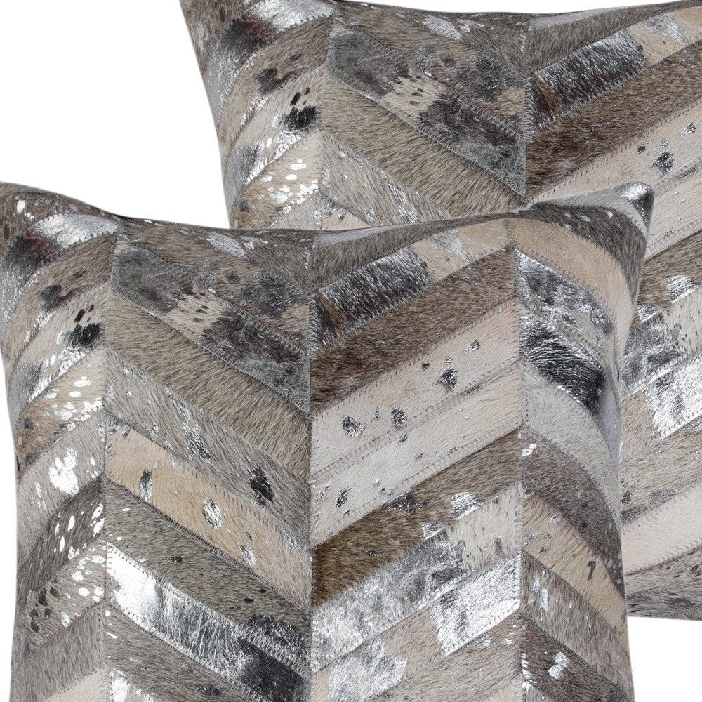 Set of Two 18" Gray Brown And Silver Chevron Cowhide Throw Pillows