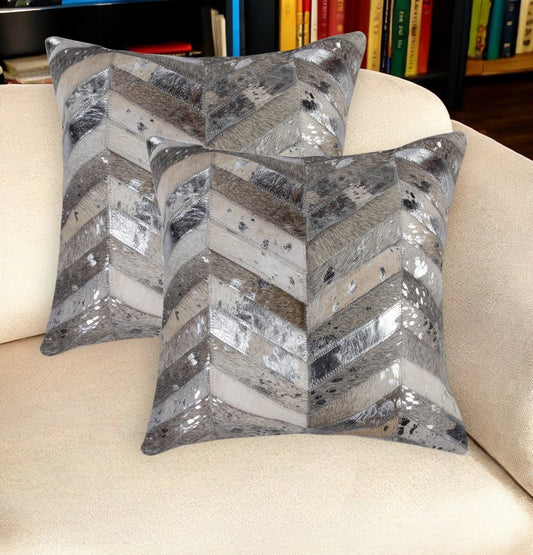 Set of Two 18" Gray Brown And Silver Chevron Cowhide Throw Pillows