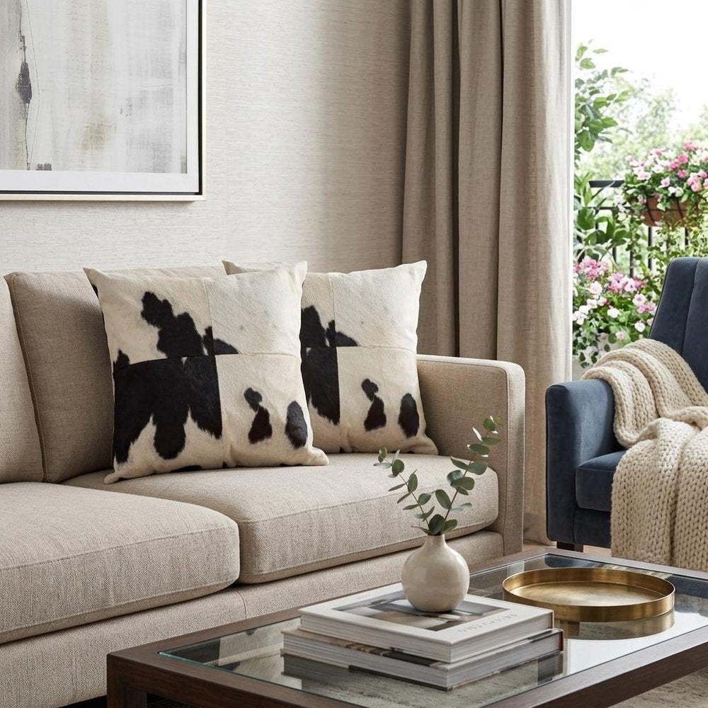 Set of Two 18" Black and White Cowhide Cowhide Throw Pillows