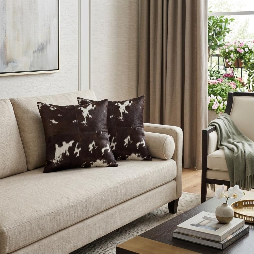 Set of Two 18" Chocolate and White Cowhide Cowhide Throw Pillows
