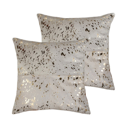 Set of Two 18" Natural and Gold Abstract Cowhide Throw Pillows with Glitter