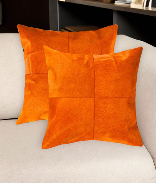 Set of Two 18" Orange Cowhide Throw Pillows