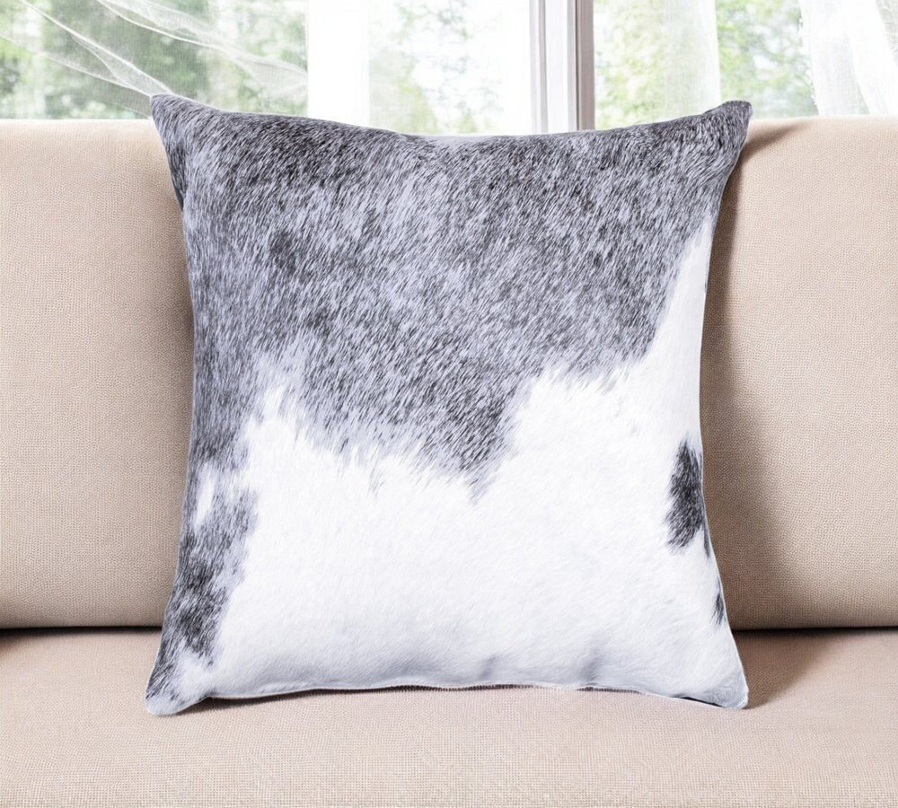 18" Gray and White Cowhide Throw Pillow