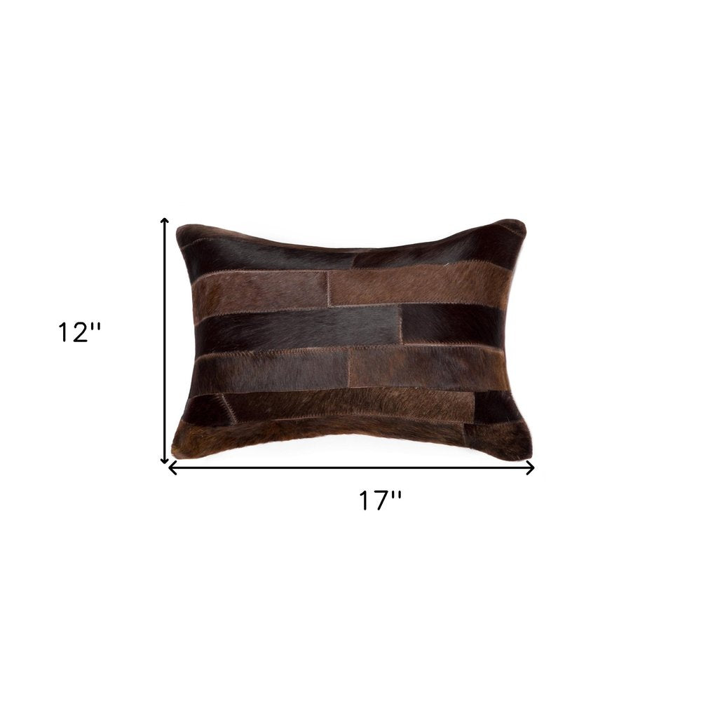 12" X 20" Chocolate Patchwork Cowhide Lumbar Throw Pillow