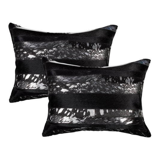 Set of Two 12" X 20" Black and Silver Striped Cowhide Lumbar Throw Pillows with Glitter