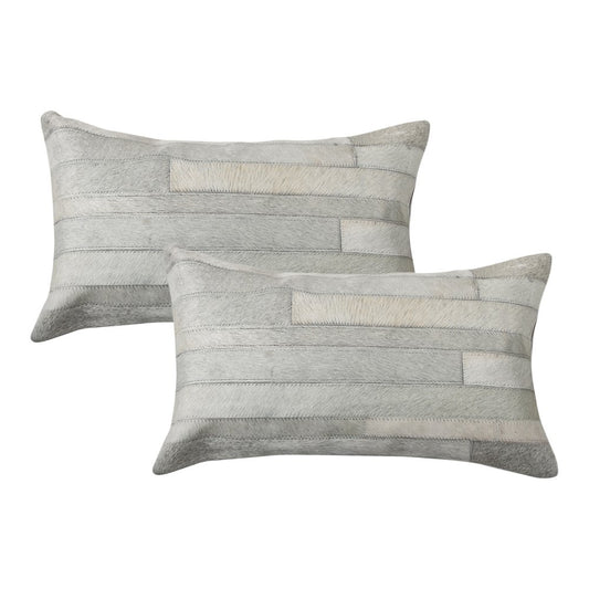 Set of Two 12" X 20" Gray Patchwork Cowhide Lumbar Throw Pillows