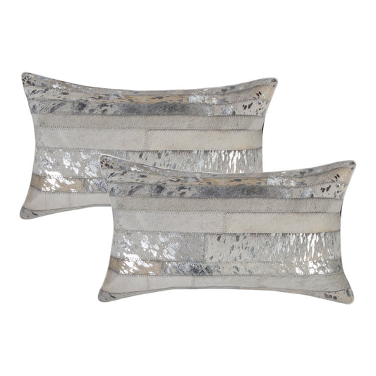 Set of Two 12" X 20" Gray and Silver Striped Cowhide Lumbar Throw Pillows with Glitter