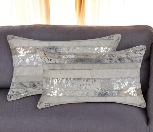 Set of Two 12" X 20" Gray and Silver Striped Cowhide Lumbar Throw Pillows with Glitter